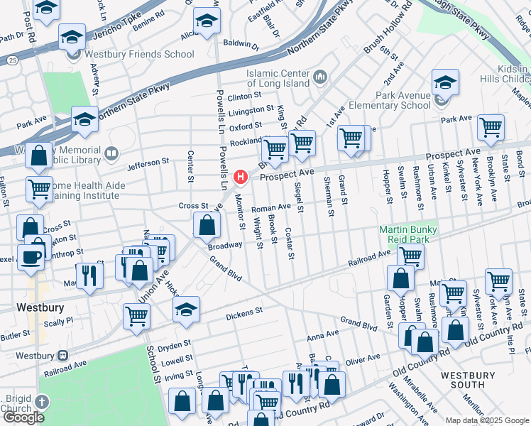 map of restaurants, bars, coffee shops, grocery stores, and more near 254 Brook Street in Westbury
