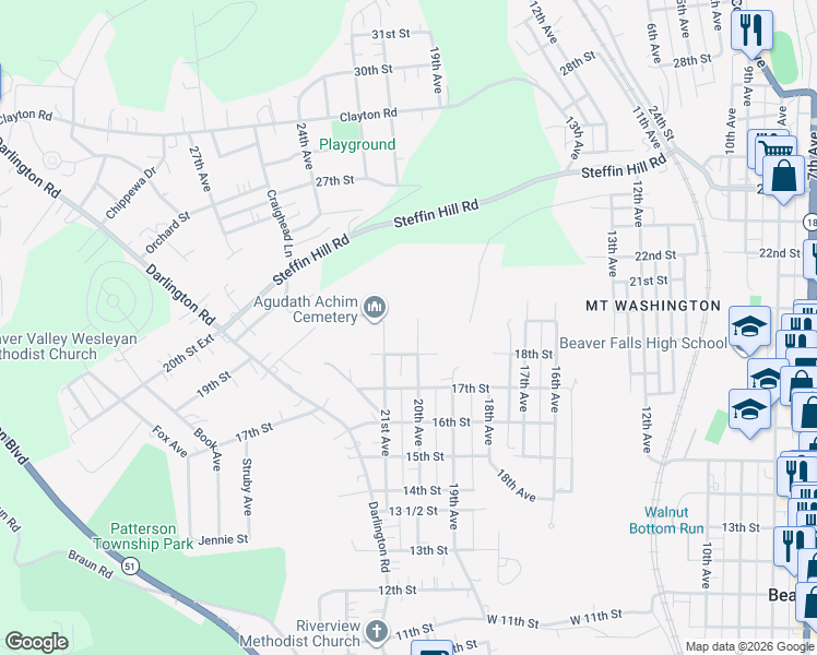 map of restaurants, bars, coffee shops, grocery stores, and more near 1808 21st Avenue in Beaver Falls