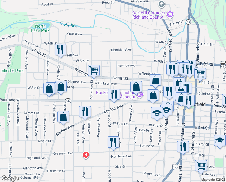 map of restaurants, bars, coffee shops, grocery stores, and more near 270 Park Avenue West in Mansfield