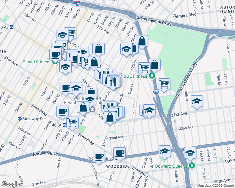 map of restaurants, bars, coffee shops, grocery stores, and more near 30-01 50th Street in Queens