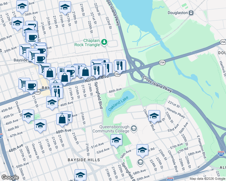 map of restaurants, bars, coffee shops, grocery stores, and more near 220-55 46th Avenue in Queens