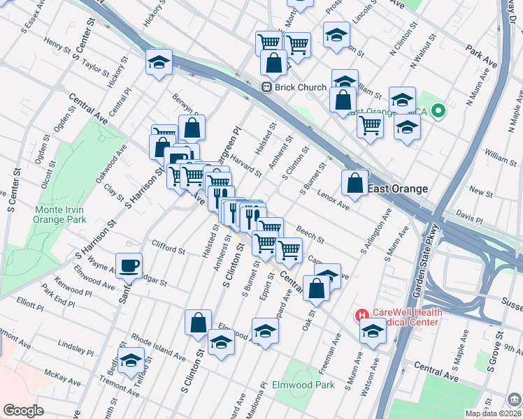 map of restaurants, bars, coffee shops, grocery stores, and more near 173 South Clinton Street in East Orange