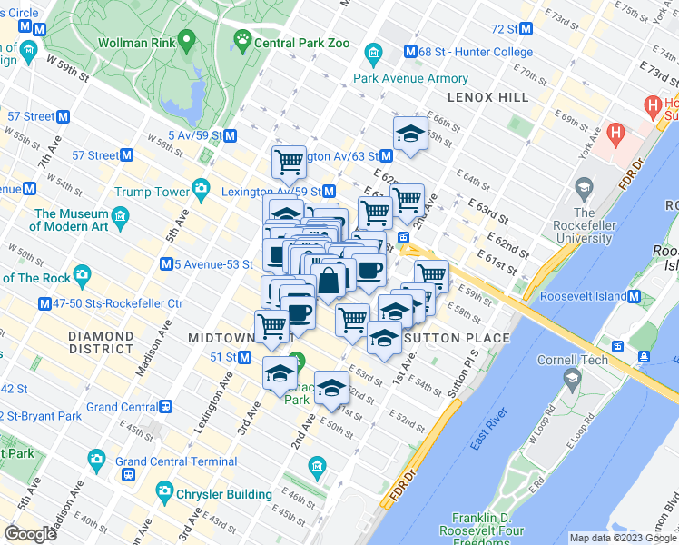 map of restaurants, bars, coffee shops, grocery stores, and more near 913 3rd Avenue in New York