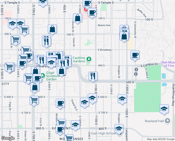 map of restaurants, bars, coffee shops, grocery stores, and more near 425 South 1000 East in Salt Lake City