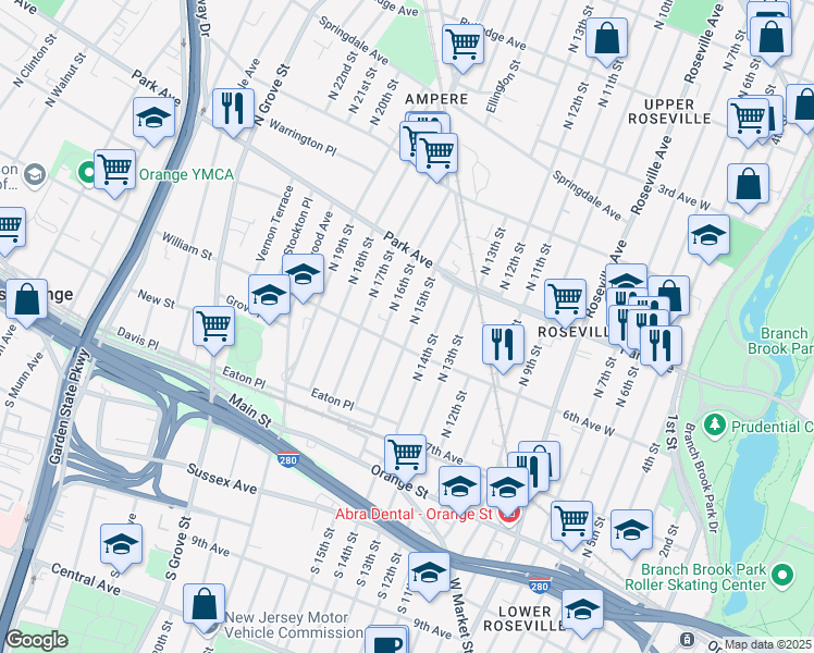 map of restaurants, bars, coffee shops, grocery stores, and more near 40 William Street in East Orange