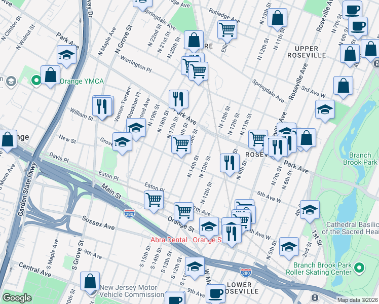 map of restaurants, bars, coffee shops, grocery stores, and more near 40 William Street in East Orange