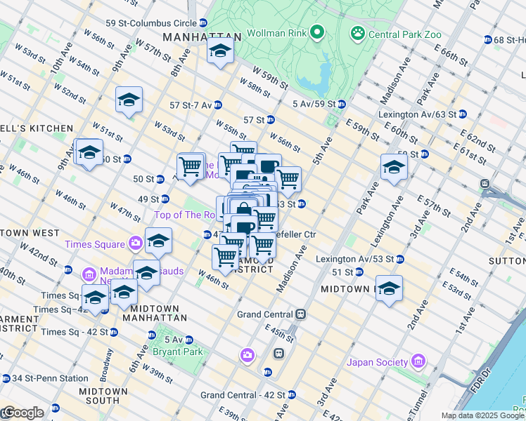 map of restaurants, bars, coffee shops, grocery stores, and more near 75 Rockefeller Plaza in New York