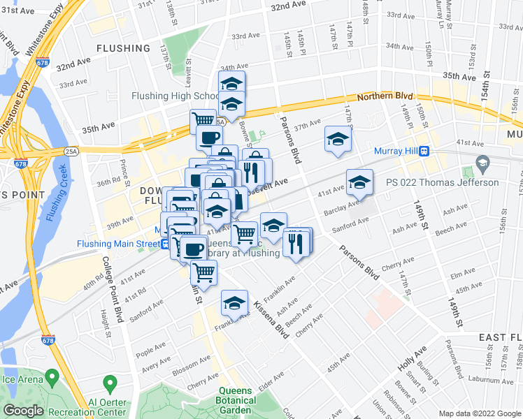 map of restaurants, bars, coffee shops, grocery stores, and more near in Queens