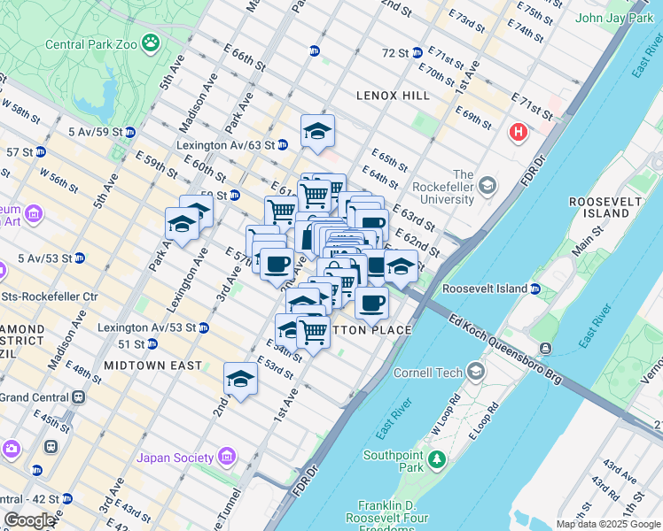 map of restaurants, bars, coffee shops, grocery stores, and more near 331 East 58th Street in New York