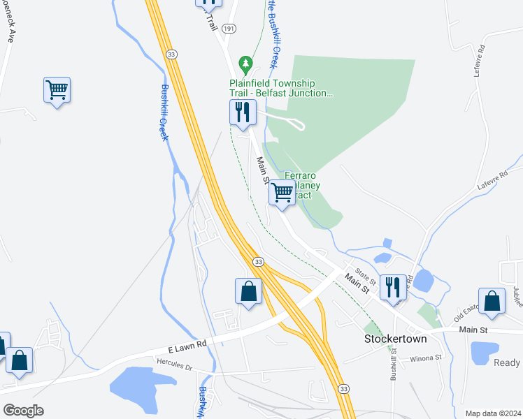 map of restaurants, bars, coffee shops, grocery stores, and more near 108 Ariel Court in Stockertown