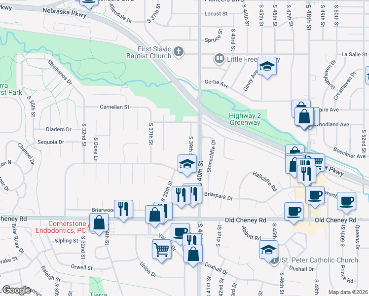 map of restaurants, bars, coffee shops, grocery stores, and more near 3840 Blackberry Circle in Lincoln