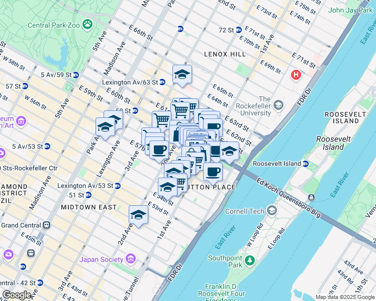 map of restaurants, bars, coffee shops, grocery stores, and more near 320 East 59th Street in New York