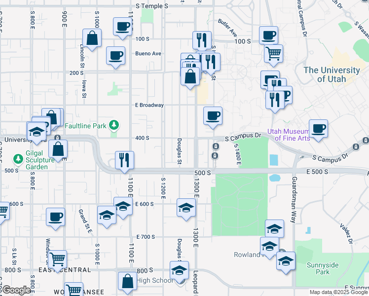map of restaurants, bars, coffee shops, grocery stores, and more near 441 Douglas Street in Salt Lake City