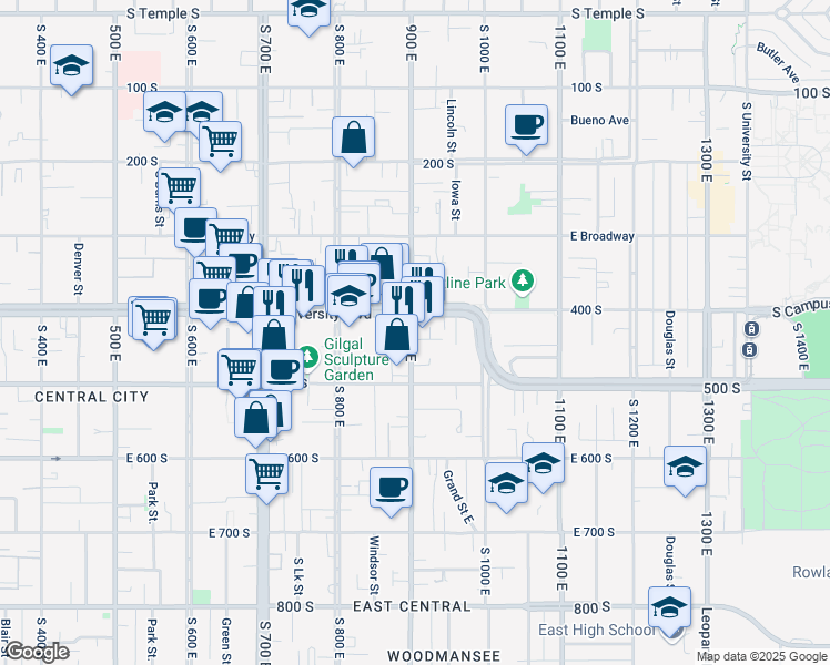 map of restaurants, bars, coffee shops, grocery stores, and more near 444 900 East in Salt Lake City