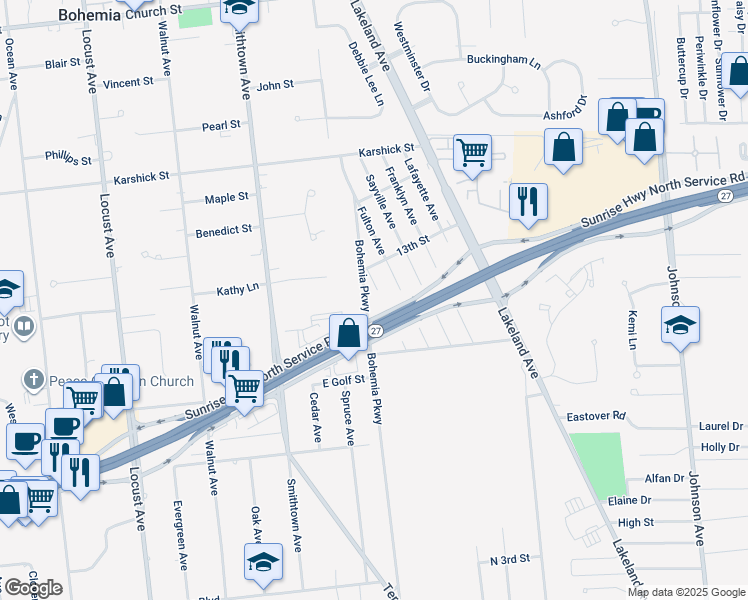 map of restaurants, bars, coffee shops, grocery stores, and more near 4909 Sunrise Highway in Bohemia