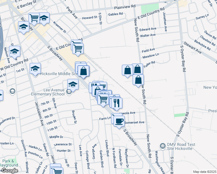 map of restaurants, bars, coffee shops, grocery stores, and more near 411 South Broadway in Hicksville