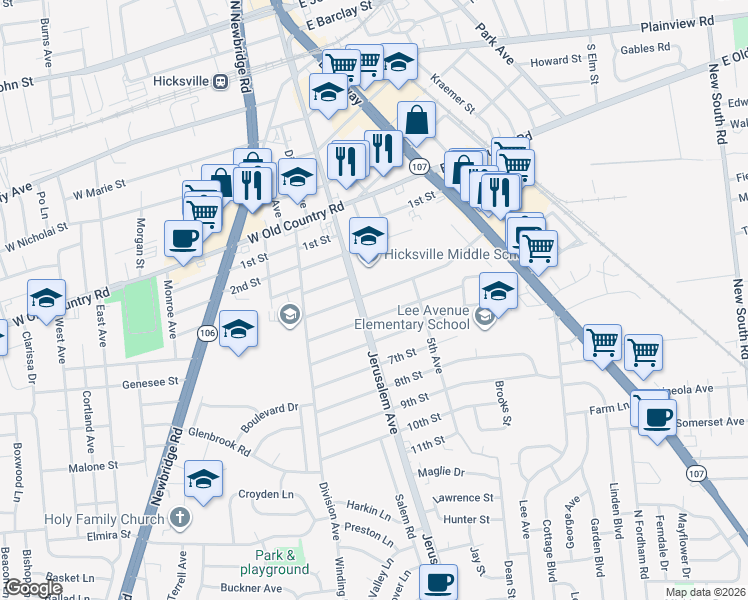 map of restaurants, bars, coffee shops, grocery stores, and more near 224 Jerusalem Avenue in Hicksville
