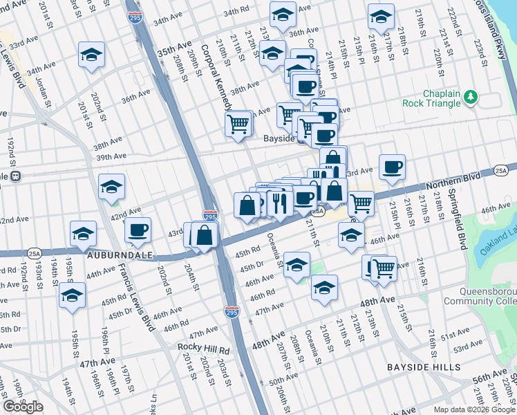 map of restaurants, bars, coffee shops, grocery stores, and more near 43-25 209th Street in Queens