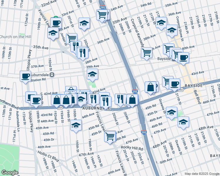 map of restaurants, bars, coffee shops, grocery stores, and more near 42-16 202nd Street in Queens