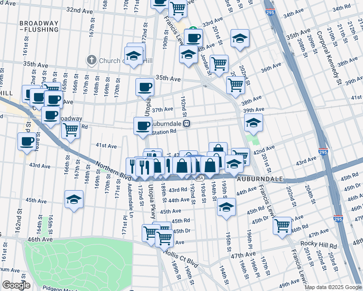 map of restaurants, bars, coffee shops, grocery stores, and more near 190-07 42nd Avenue in Queens