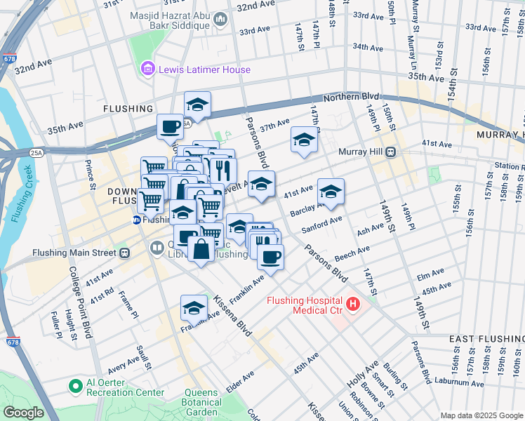 map of restaurants, bars, coffee shops, grocery stores, and more near 143-29 Barclay Avenue in Queens