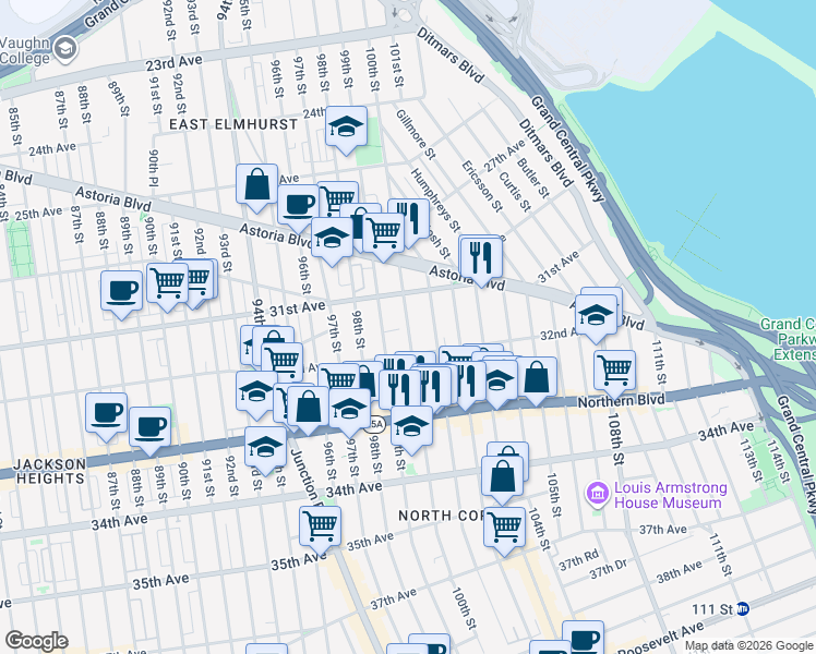 map of restaurants, bars, coffee shops, grocery stores, and more near 31-52 100th Street in Queens