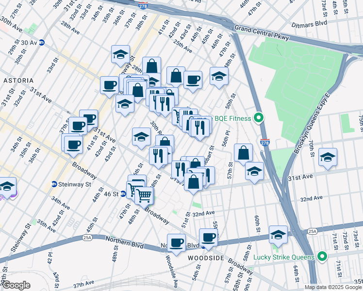 map of restaurants, bars, coffee shops, grocery stores, and more near 30-55 48th Street in Queens
