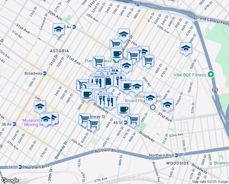 map of restaurants, bars, coffee shops, grocery stores, and more near 31-30 43rd Street in Queens