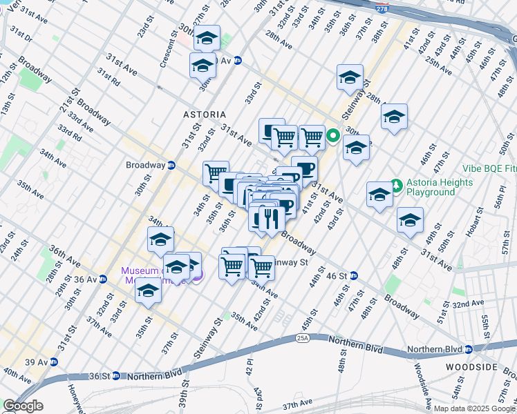 map of restaurants, bars, coffee shops, grocery stores, and more near 37-15 Broadway in Queens