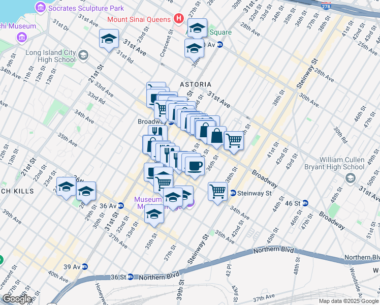 map of restaurants, bars, coffee shops, grocery stores, and more near 32-60 34th Street in Queens