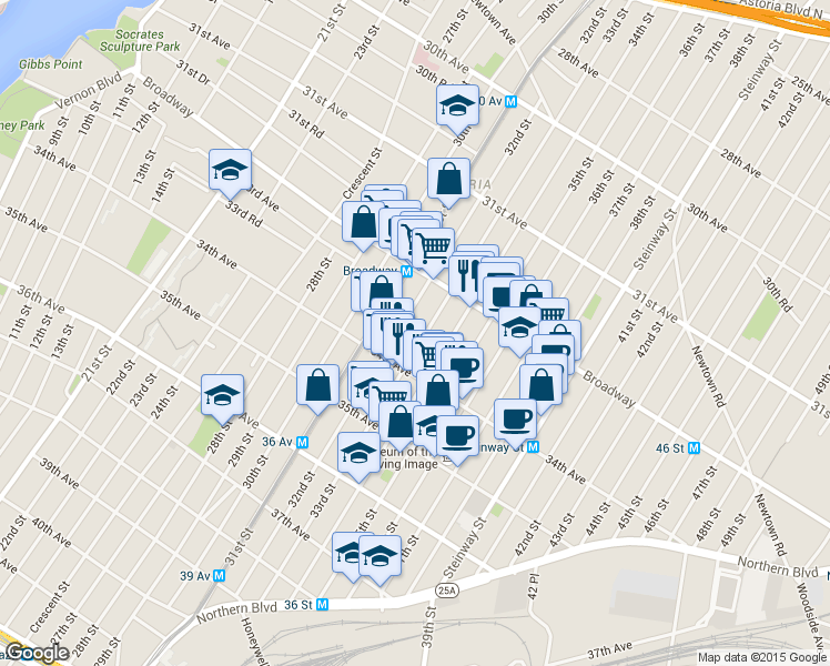 map of restaurants, bars, coffee shops, grocery stores, and more near 32-60 34th Street in Queens