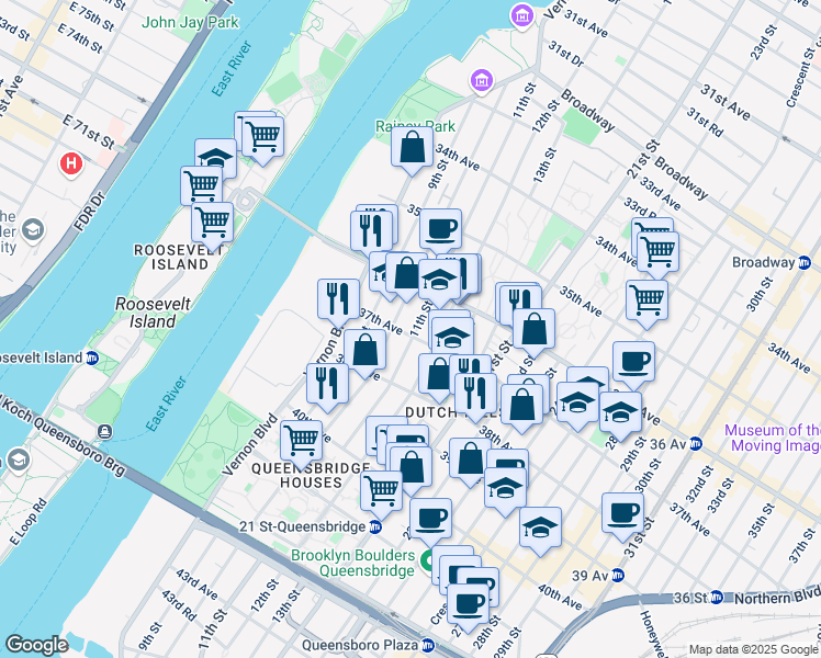 map of restaurants, bars, coffee shops, grocery stores, and more near 37-10 11th Street in Queens