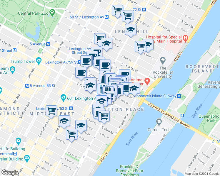 map of restaurants, bars, coffee shops, grocery stores, and more near 331 East 58th Street in New York