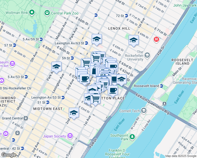 map of restaurants, bars, coffee shops, grocery stores, and more near 331 East 58th Street in New York