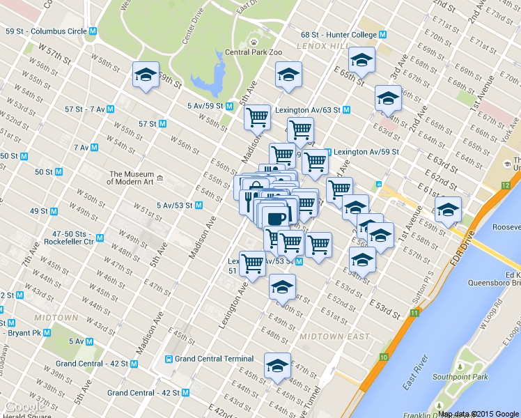 map of restaurants, bars, coffee shops, grocery stores, and more near 127 East 54th Street in New York