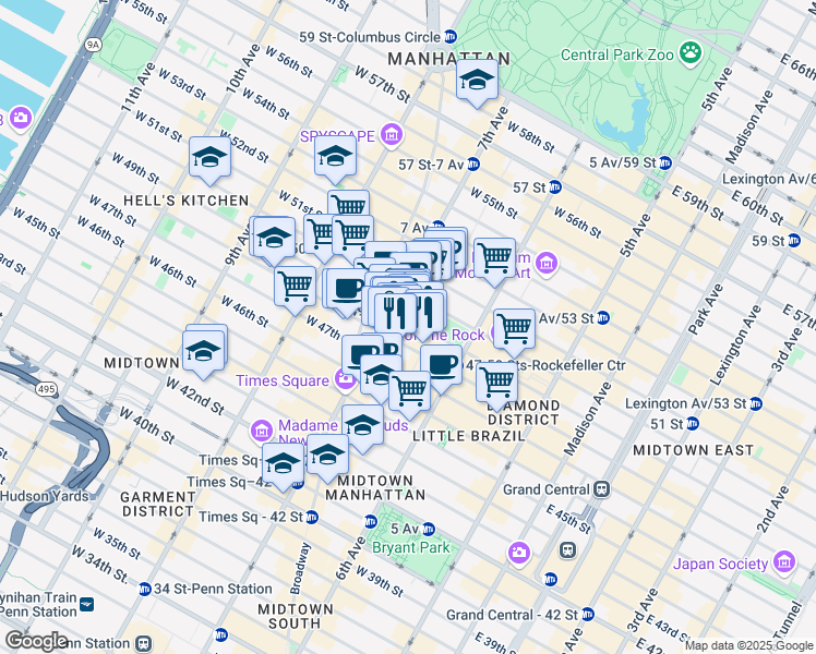 map of restaurants, bars, coffee shops, grocery stores, and more near 159w West 48th Street in New York