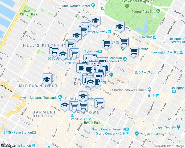 map of restaurants, bars, coffee shops, grocery stores, and more near 159w West 48th Street in New York