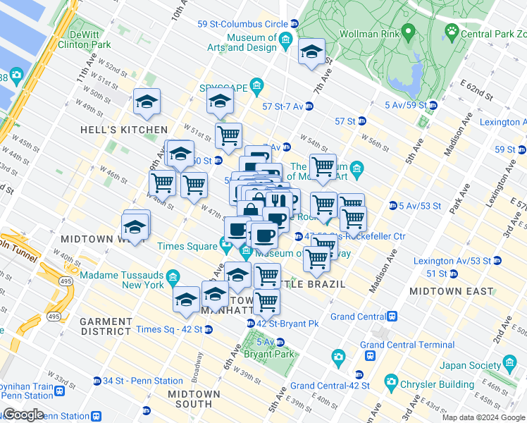 map of restaurants, bars, coffee shops, grocery stores, and more near 159w West 48th Street in New York