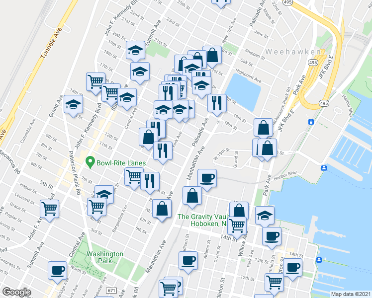 map of restaurants, bars, coffee shops, grocery stores, and more near 1304 Palisade Avenue in Union City