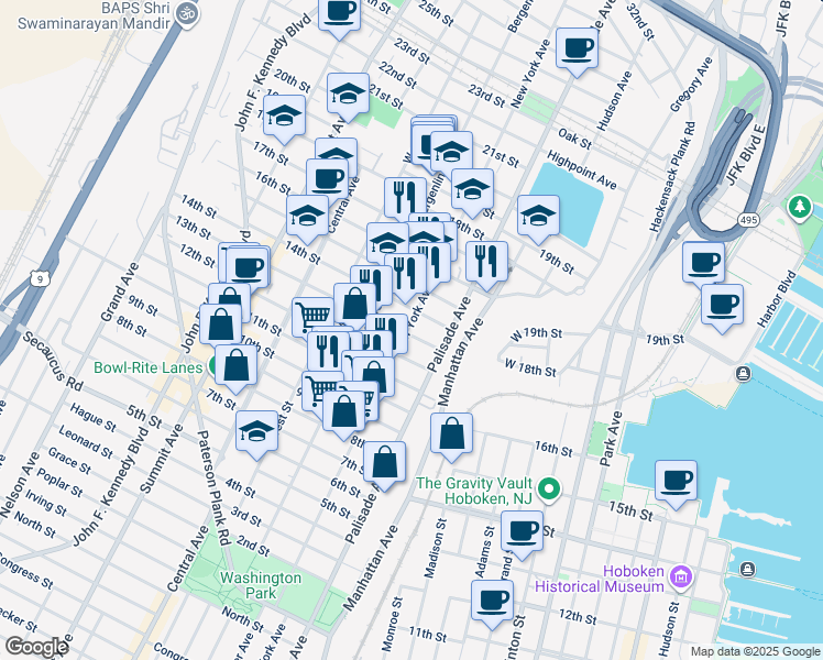 map of restaurants, bars, coffee shops, grocery stores, and more near 319 13th Street in Union City
