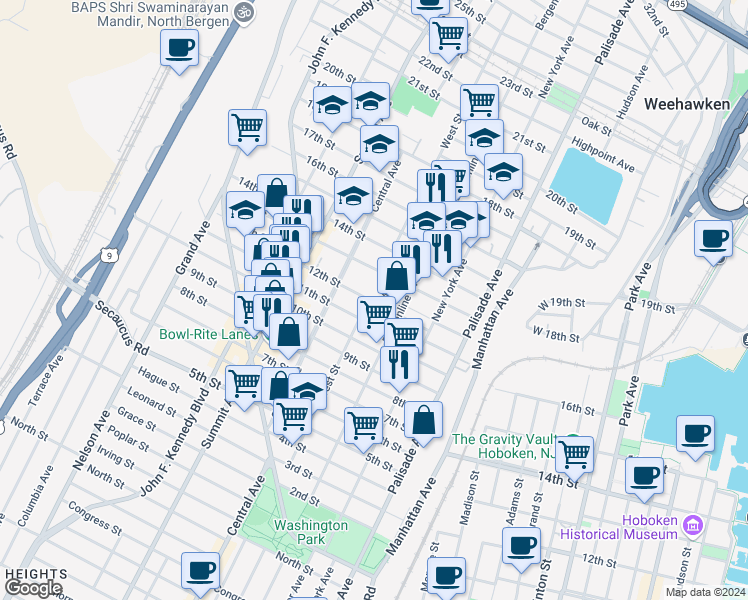 map of restaurants, bars, coffee shops, grocery stores, and more near 513 12th Street in Union City