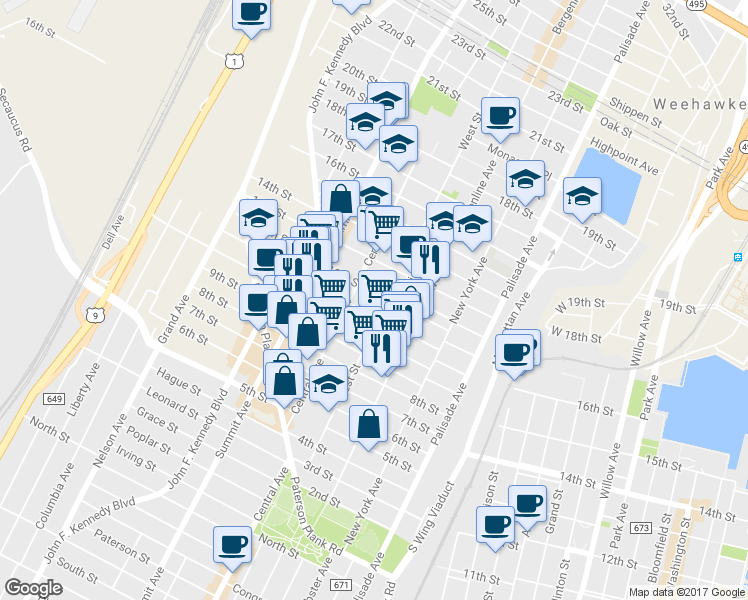 map of restaurants, bars, coffee shops, grocery stores, and more near 611 11th Street in Union City