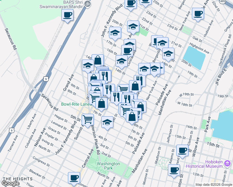 map of restaurants, bars, coffee shops, grocery stores, and more near 611 11th Street in Union City