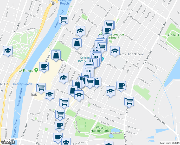 map of restaurants, bars, coffee shops, grocery stores, and more near 219-221 Chestnut Street in Kearny