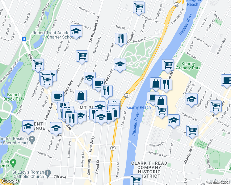 map of restaurants, bars, coffee shops, grocery stores, and more near 78 Broad Street in Newark