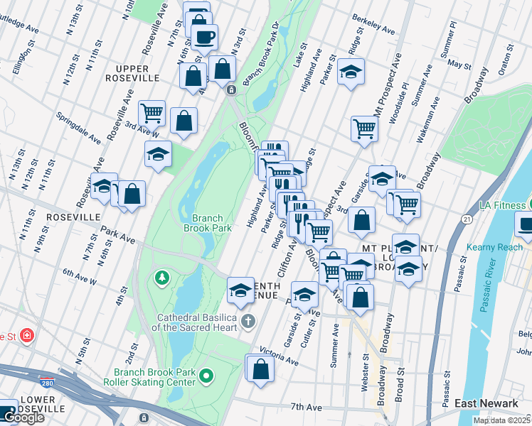 map of restaurants, bars, coffee shops, grocery stores, and more near 79 Highland Avenue in Newark