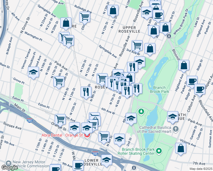 map of restaurants, bars, coffee shops, grocery stores, and more near 298 Park Avenue in Newark