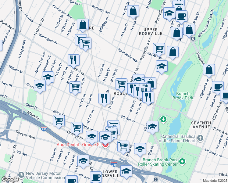 map of restaurants, bars, coffee shops, grocery stores, and more near 135 North 11th Street in Newark