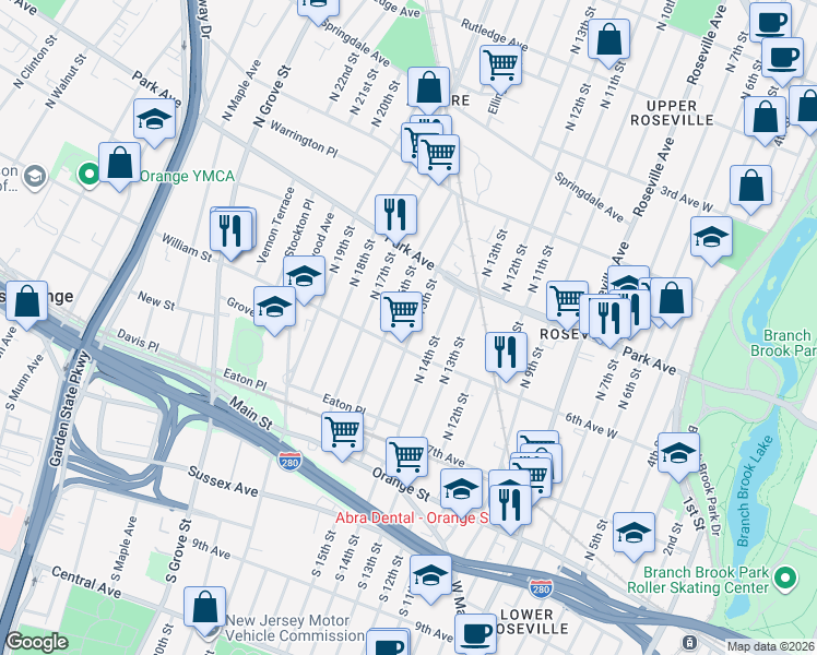 map of restaurants, bars, coffee shops, grocery stores, and more near 40 William Street in East Orange