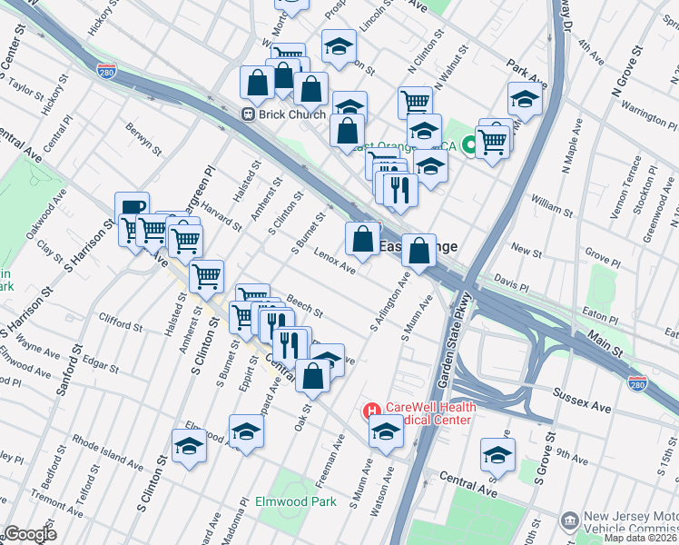 map of restaurants, bars, coffee shops, grocery stores, and more near 41 Lenox Avenue in East Orange